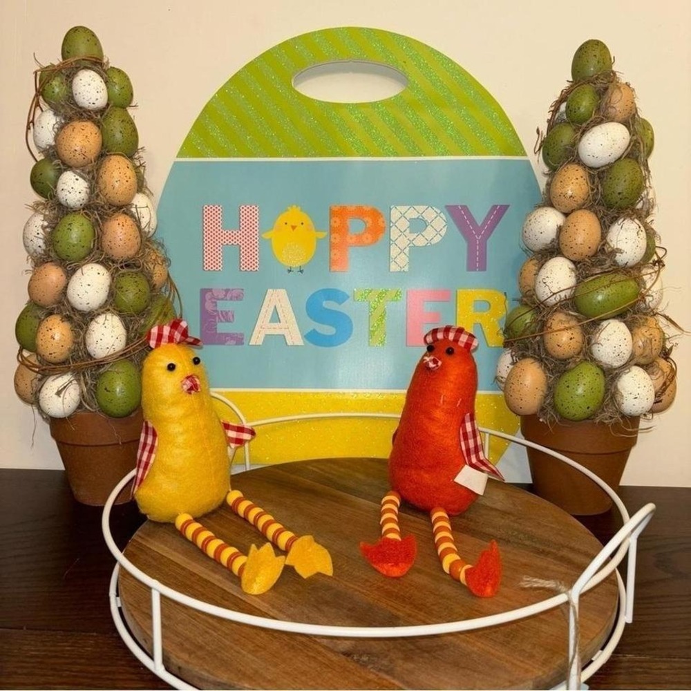 Whimsical Orange/Yellow Pair Country Hens Shelf‎ Sitter Button Beaded Legs Decor